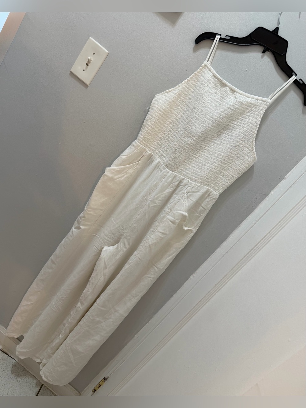 American Eagle White Smocked Wide-Leg Halter Jumpsuit